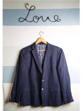 LAUREN RALPH LAUREN 100% Linen Navy Blue Blazer Paisley Lining 46R